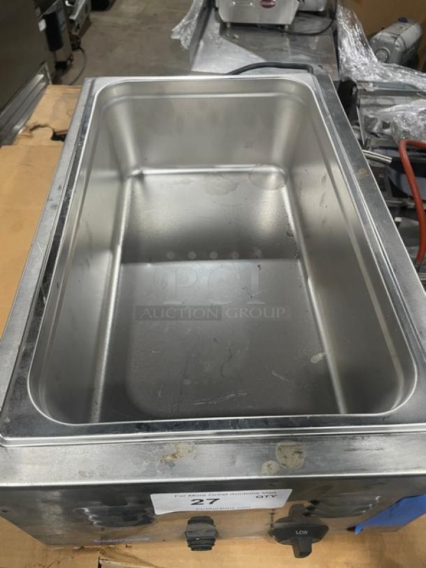 Crestware stainless steel electric food warmer, single well, countertop design, good condition, visible controls and settings.