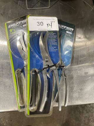 Dexter Russell i-Cut Series 9.5" stainless steel kitchen shears, model PS01CP, in original packaging.