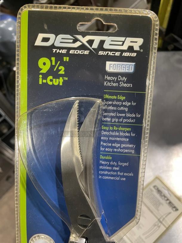 Dexter Russell i-Cut Series 9-1/2" kitchen shears, stainless steel, model PS01CP, new in packaging. Forged, heavy-duty design.