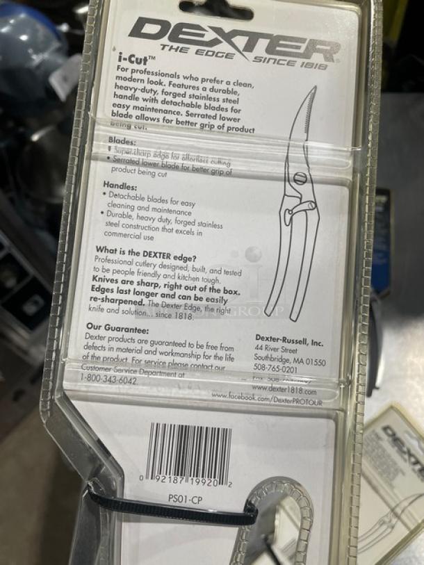 Dexter Russell i-Cut Series Stainless Steel 9.5" Kitchen Shears, Model PS01-CP, new in package, durable, heavy-duty design.