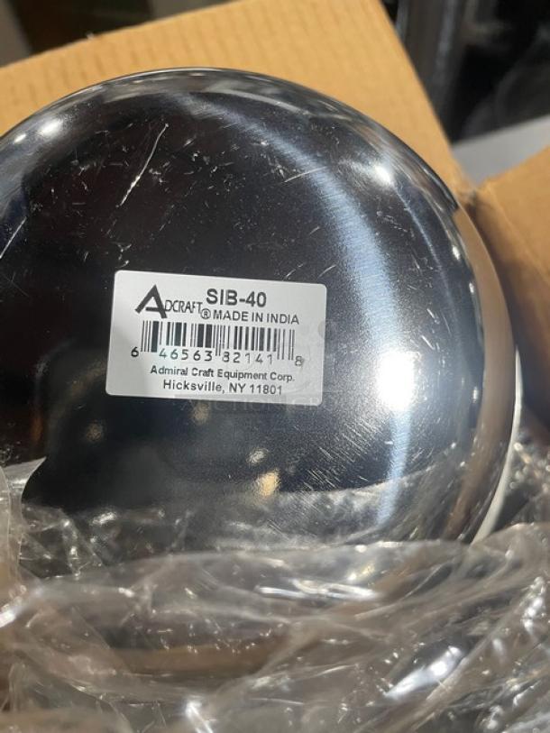 Adcraft SIB-40 stainless steel 40 oz. serving bowl, new condition. Features product tag with model info and manufacturing details.