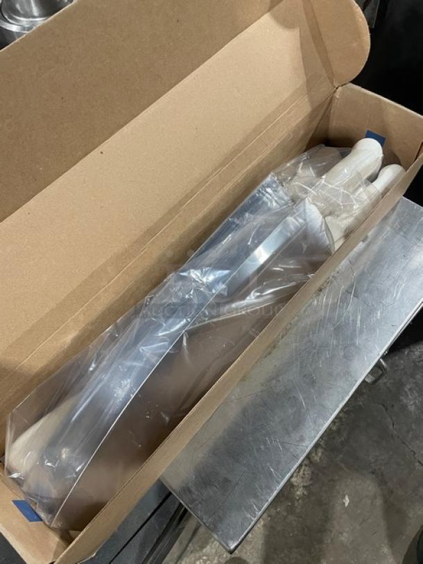 Dexter Russell Sani-Safe Series 16" pizza knife, model S16016, in box; stainless steel blade, white grip handle. New condition.