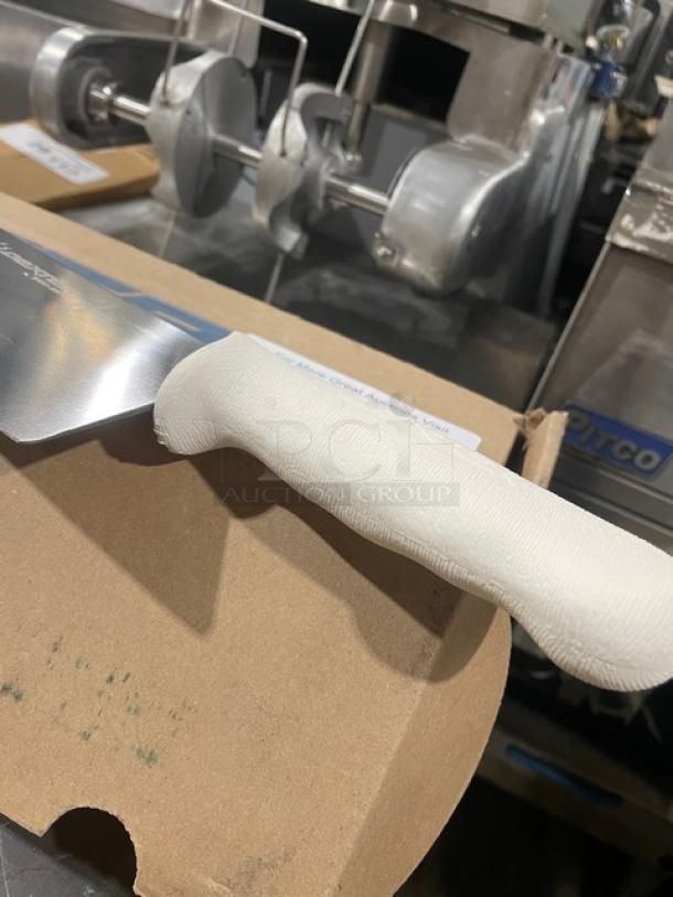 Dexter Russell Sani-Safe 16" pizza knife with white grip handle, Model S160-16, stainless steel blade, new condition.