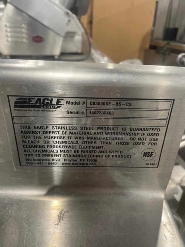 Eagle Group stainless steel worktable, 30"x36", model CB3036SEBSCS, enclosed cabinet, up-turned backsplash, serial 1802232403.