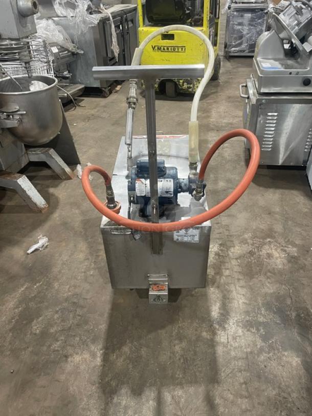 Darling Model 402 commercial stainless steel oil filter/caddy, 175 lb capacity, electric, portable, 120V, on casters.