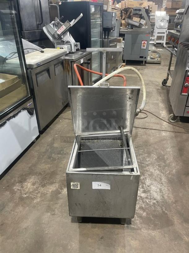 Darling Model 402 stainless steel electric cooking oil filter/caddy on casters, 175 lb capacity, 120V, used condition.