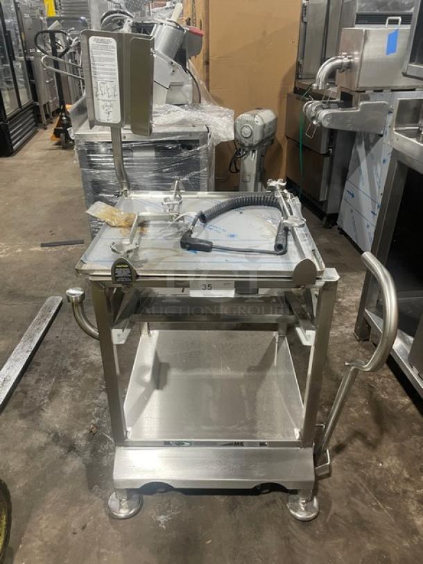 M&E Face-To-Face Fresh Deli Pro Series stainless steel deli equipment cart with slicer-mount, undershelf, legs, and casters.
