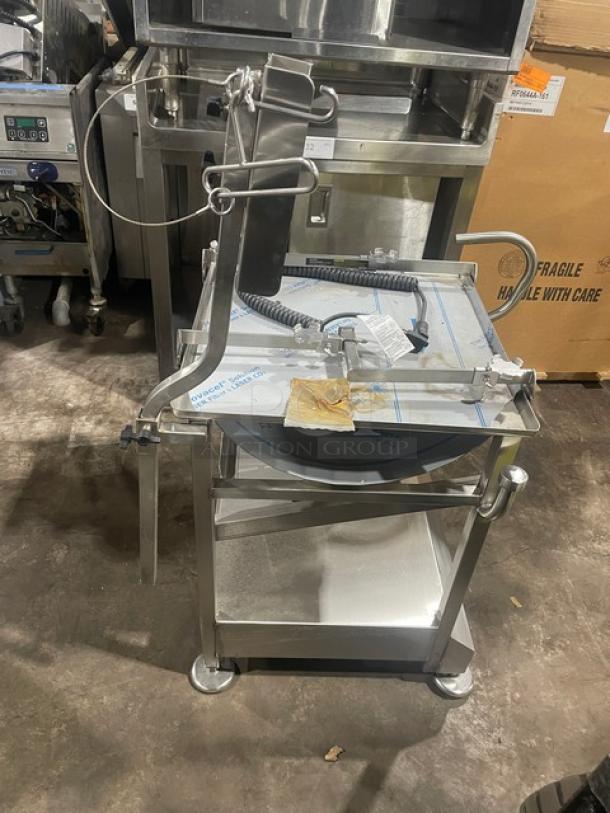 M&E Face-To-Face Fresh Deli Pro Series stainless steel slicer-mounting cart with undershelf, legs, and casters.