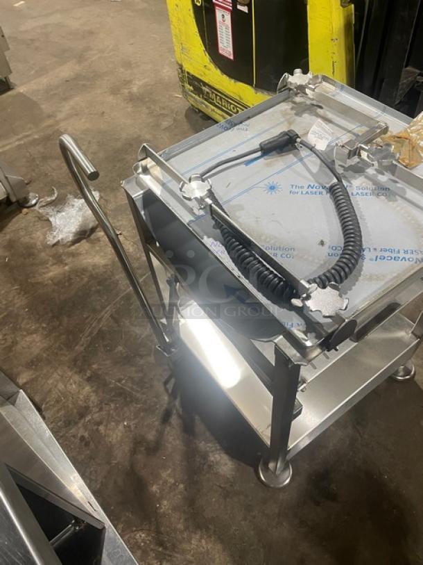 M&E Face-To-Face Fresh Deli Pro cart with slicer-mounting, single undershelf, stainless steel, legs, and casters.