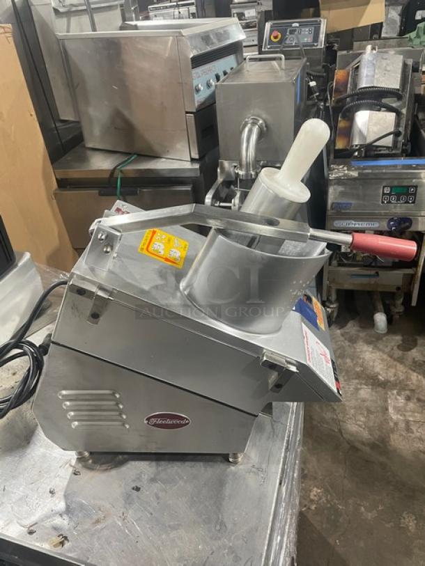 Fleetwood MASTER stainless steel vegetable cutter, model D9711821, electric, 115V, 1 phase, countertop, on legs.