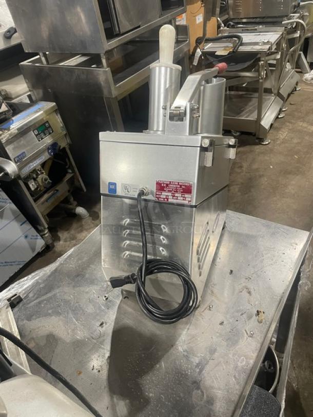 Fleetwood MASTER stainless steel electric vegetable cutter, model D9711821, 115V, on legs. Includes power cord.