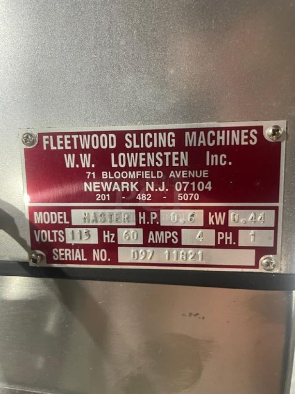 Fleetwood MASTER stainless steel food processor, Model SN: D9711821, 115V, 1 phase, on legs. Tag details specs.