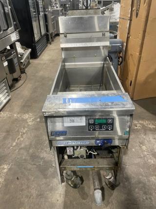 Pitco Solstice Supreme Series stainless steel pasta cooker with backsplash, basket hanger, and casters; slightly worn condition.