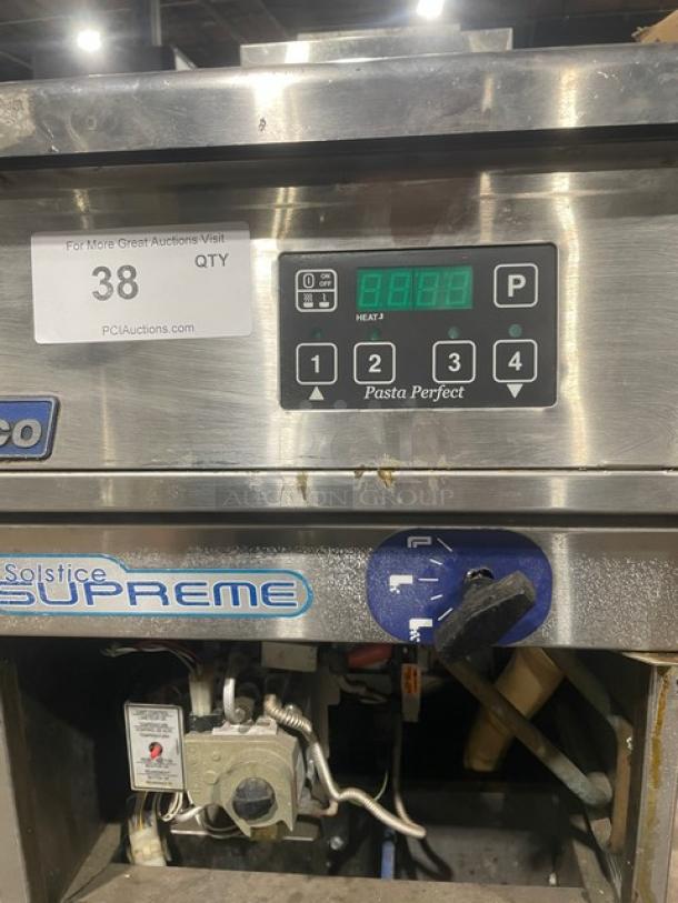 Pitco Solstice Supreme stainless steel commercial pasta cooker/rethermalizer, with backsplash, basket hanger, on casters.