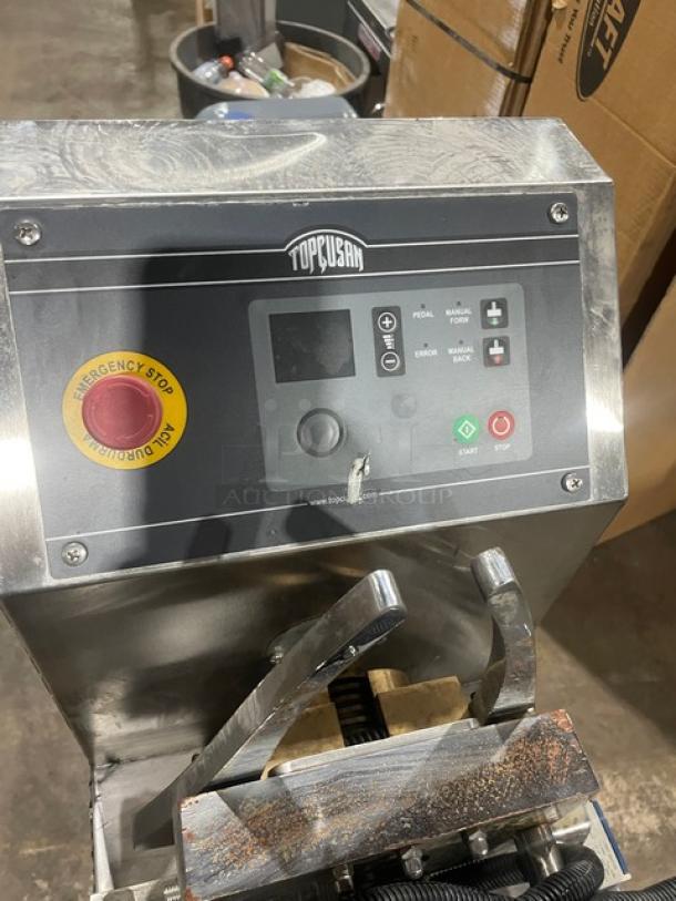 Topcusan P20 commercial stainless steel meatball forming machine. 2021 model, electric powered, on casters, SN: 0003686, 220V.