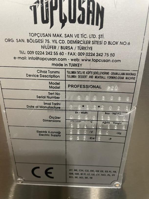 Topcusan P20 stainless steel meatball forming machine, 2021 model, electric-powered, serial number 0003686, on casters.