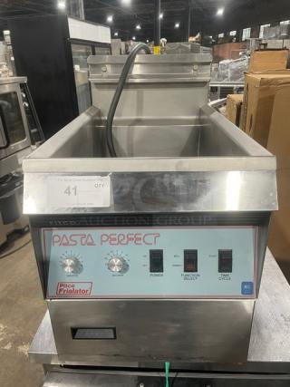 Pitco Frialator Pasta Perfect electric countertop pasta cooker in stainless steel, with backsplash and basket hanger.