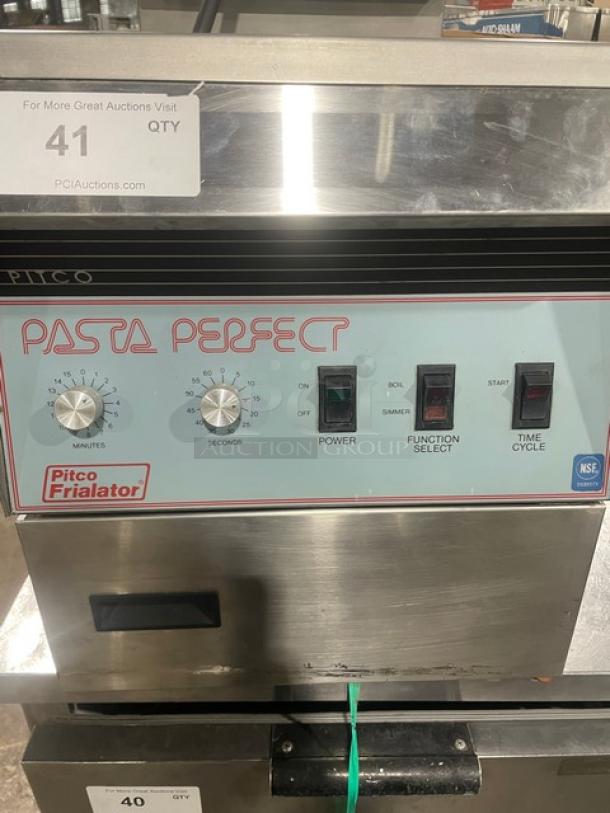 Pitco Frialator Pasta Perfect commercial stainless steel countertop pasta cooker with controls, backsplash, and basket hanger.