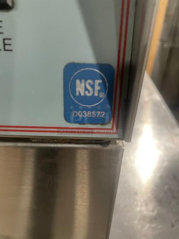 Pitco Frialator Pasta Perfect Series cooker. NSF certified. Stainless steel with backsplash and basket hanger. Electric powered.