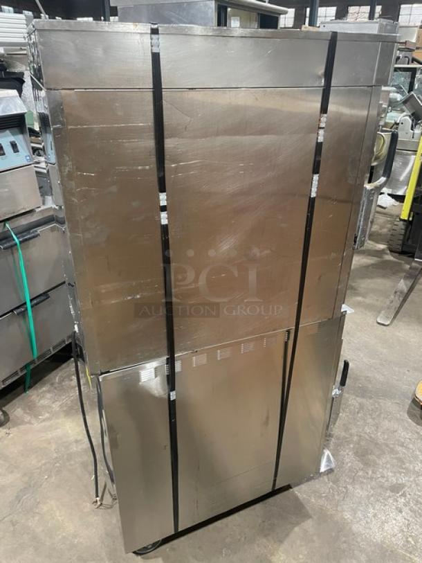 Alto-Shaam Halo Heat double stacked cook/hold oven, stainless steel, wired rack, on casters, commercial use.