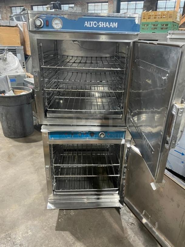 Alto-Shaam Halo Heat stainless steel double-stacked cook/hold oven, includes wired oven rack, on casters, commercial-grade.