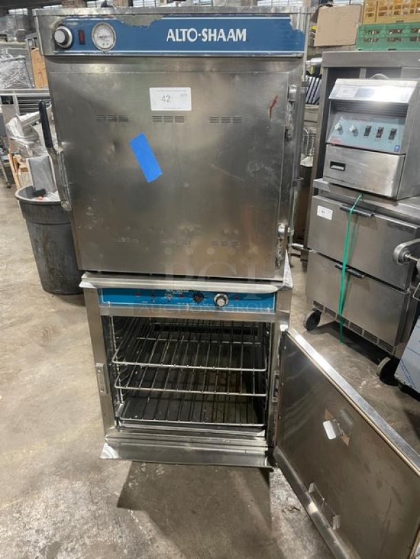 Alto-Shaam Halo Heat Series double stacked stainless steel cook/hold oven with wired rack, on casters, excellent condition.