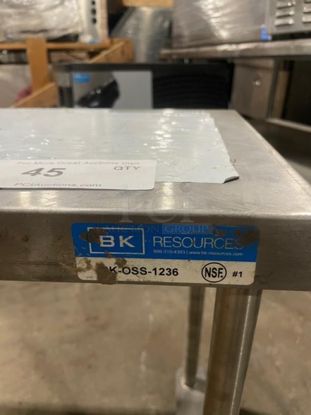 BK Resources stainless steel 36"x12" overhead shelf, model BK-OSS-1236, with NSF certification and visible brand label.