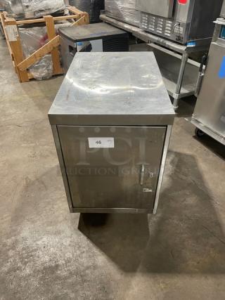 Commercial stainless steel enclosed cabinet worktop on casters, features a secure door and durable construction, slightly worn.