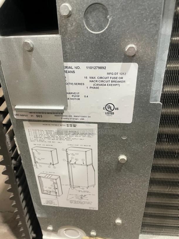 Manitowoc stainless steel electric ice-making machine head, model SN: 1101279892. Features 1-phase power. UL listed.