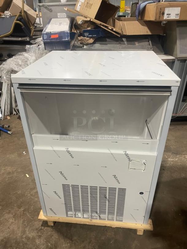 Manitowoc RF0644A new stainless steel undercounter ice machine, flake-style, with legs and packaging, model RF0644A.