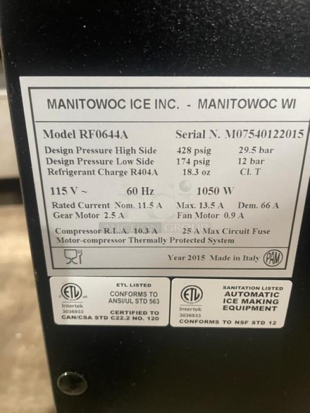 NEW Manitowoc commercial ice machine RF0644A, stainless steel, air-cooled, flake-style, 115V, with legs, SN M07540122015.