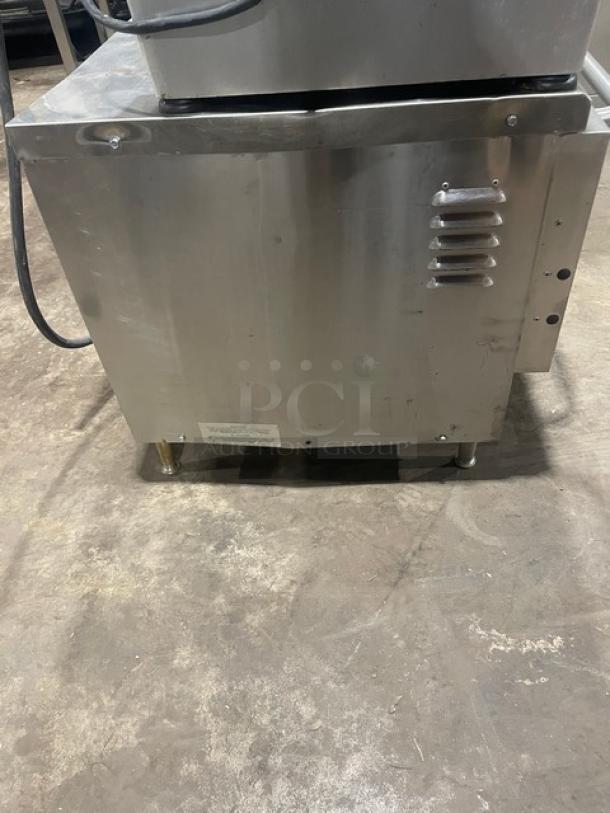 TurboChef NGC commercial stainless steel ventless rapid cook oven with digital controls, double undershelf cart, on legs.