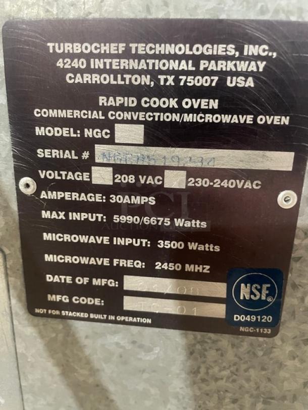 TurboChef NGC commercial rapid cook oven, stainless steel, electric, ventless, digital controls, on legged cart, 208/230-240V.