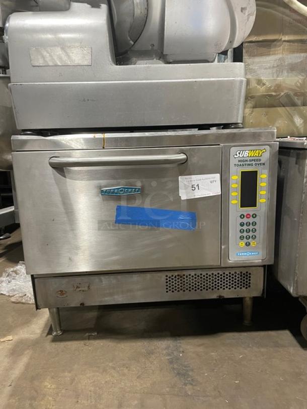 TurboChef NGC Subway-style stainless steel ventless toasting oven with digital controls, on legs, includes double undershelf cart.