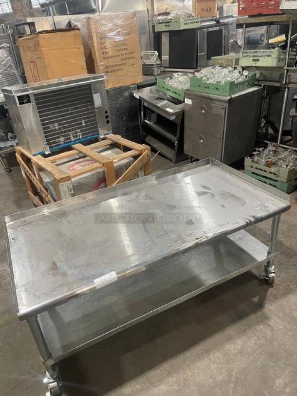 BK Resources 60"x30" stainless steel equipment stand, model VETS-6030, with galvanized undershelf and casters. Used condition.