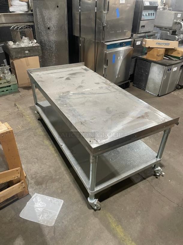 BK Resources stainless steel equipment stand, model VETS-6030, 60"x30", with galvanized undershelf, on casters, used condition.