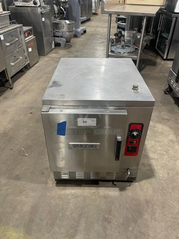 Vulcan C24EA5 stainless steel electric countertop steamer cabinet, includes wired rack, single compartment, 208/240V, 3/1 Phase.