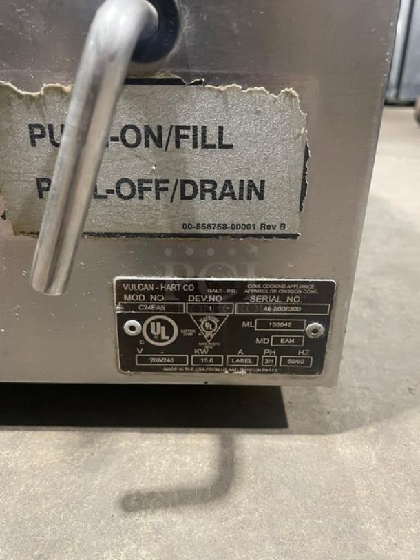 Vulcan C24EA5 stainless steel electric steamer cabinet with wired rack. Features UL label, 208/240V specifications, Serial No. 46-3008309.