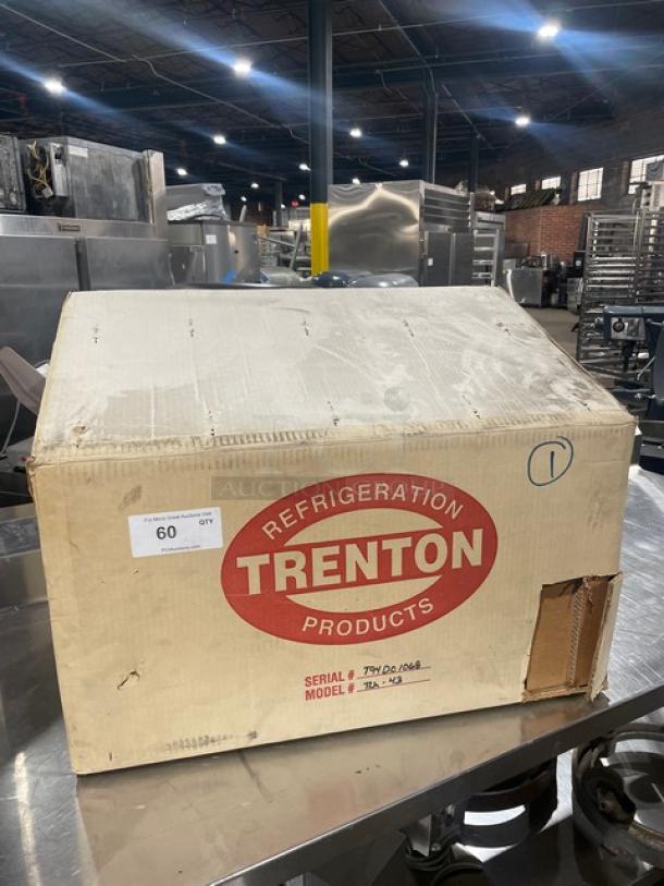 New Trenton Refrigeration evaporator unit in original box. Model TLA43, SN T94D01068, 115V, single phase, low-profile design.