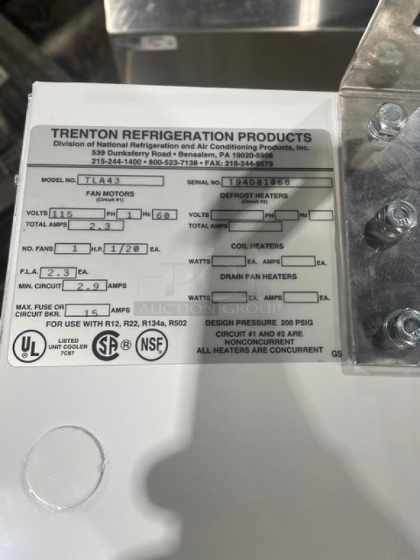 NEW Trenton Refrigeration TLA43 white electric evaporator unit, Model: TLA43, SN: T94D01068, 115V, 1 Phase, low-profile.
