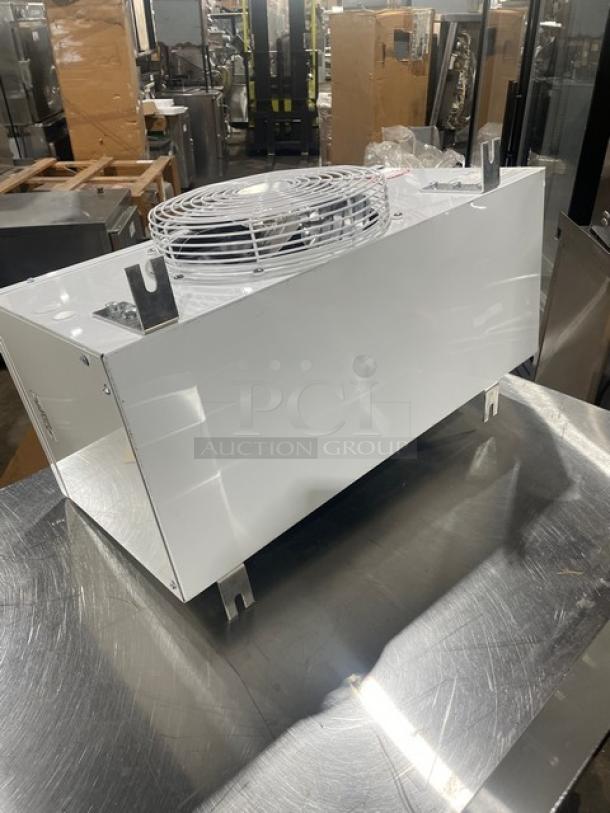 New Trenton Refrigeration TLA43 commercial evaporator unit, low-profile, white, 115V, single phase, SN: T94D01068.