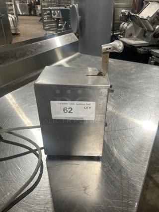 Edlund Model 266 stainless steel electric can opener, countertop single-speed, on legs, serial number 139203, used condition.