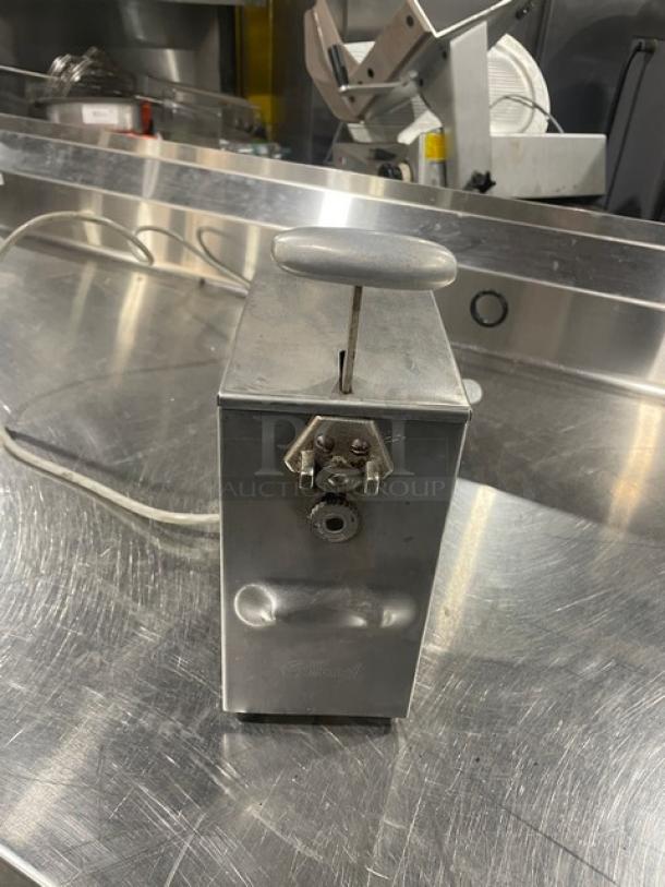 Edlund Model 266 stainless steel electric can opener, single-speed, on legs, used condition, serial number 139203.