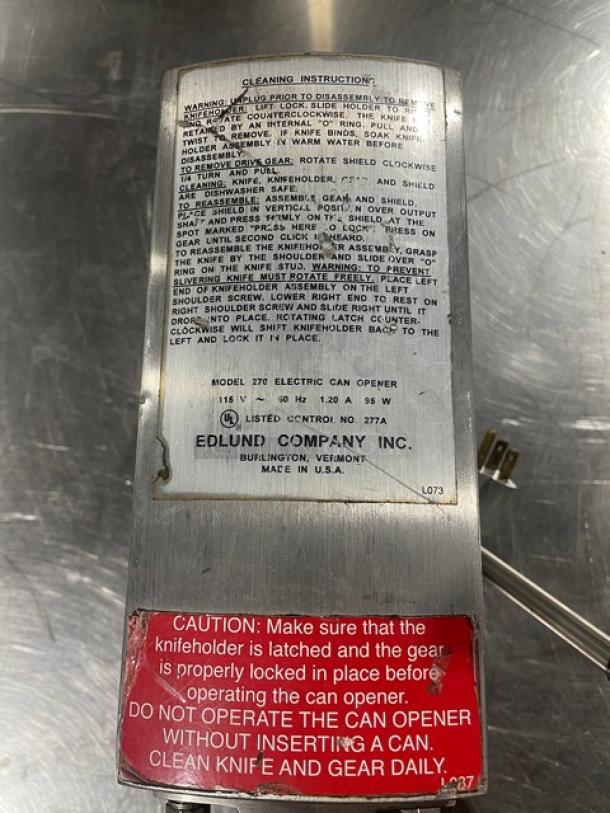 Edlund Model 270 stainless steel electric can opener, 2-speed, heavy duty, 115V, with instructions and caution label, used condition.