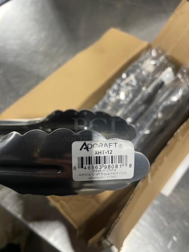 Adcraft XHT-12 stainless steel 12" utility tong, new. Label indicates model and manufacturing details.