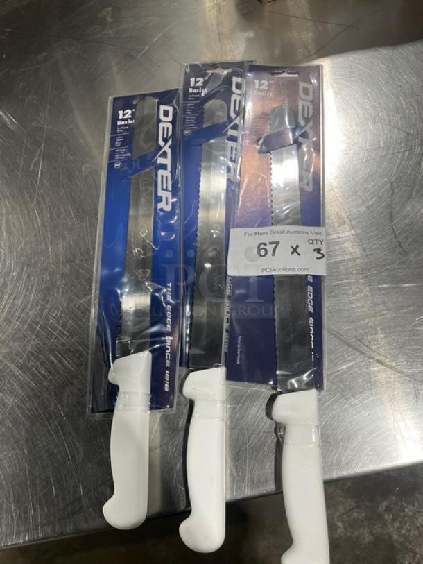 Dexter Russell Basics Series 12" scalloped slicer with white grip handle, new in packaging, commercial stainless steel, set of 3.