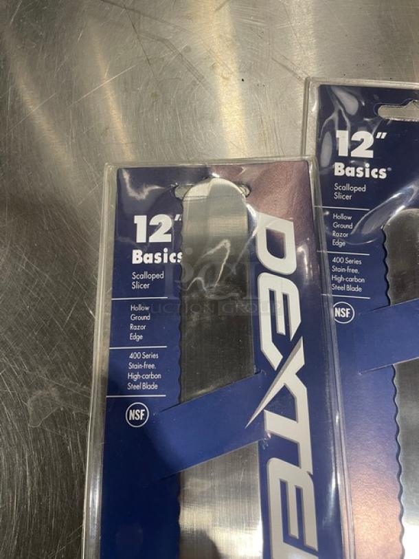 Dexter Russell 12" Basics scalloped slicer, stainless steel, white grip handle, new in package, commercial grade.