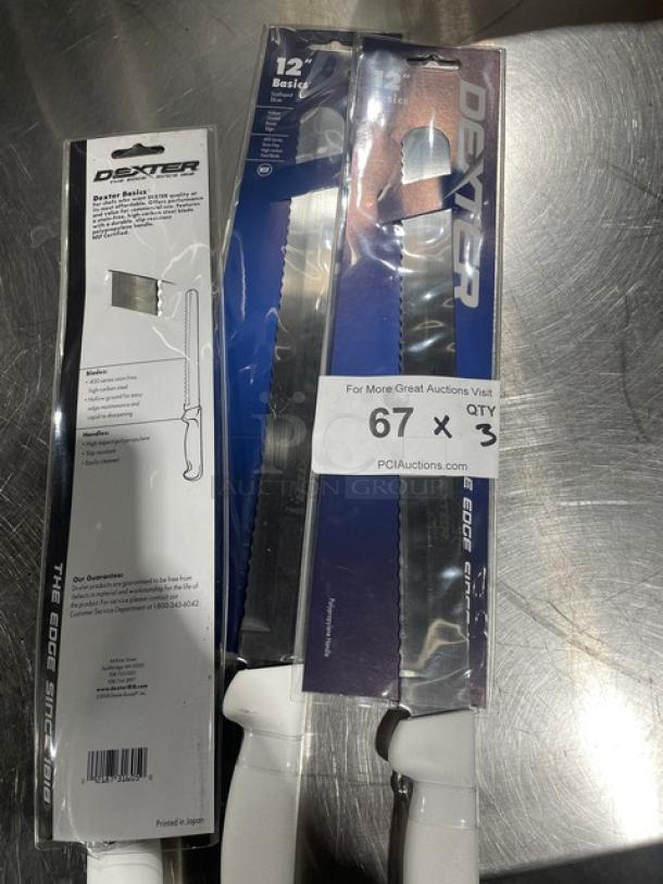 NEW Dexter Russell Basics 12" scalloped slicer with stainless steel blade and white grip handle, brand new in packaging.