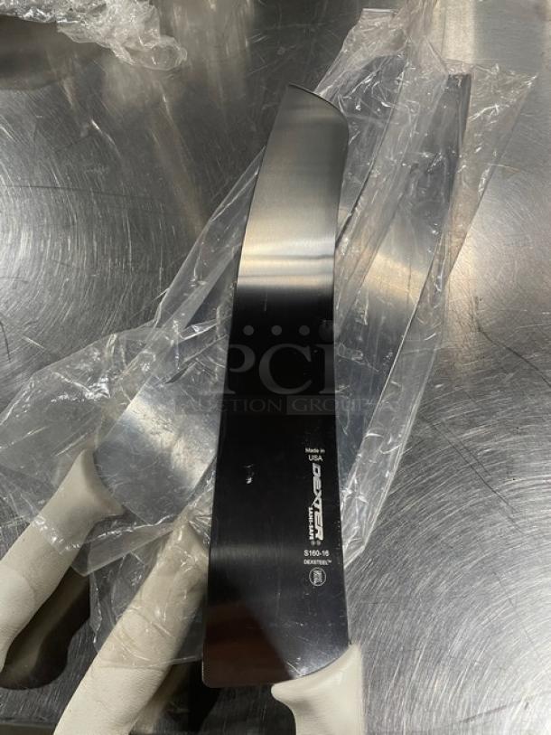 Dexter Russell Sani-Safe S160-16 pizza knife, 16" stainless steel blade, white handle, new, commercial-grade.