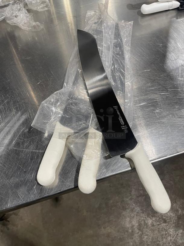 Dexter Russell Sani-Safe 16" pizza knife, model S160-16, new condition, stainless steel blade, white handle.